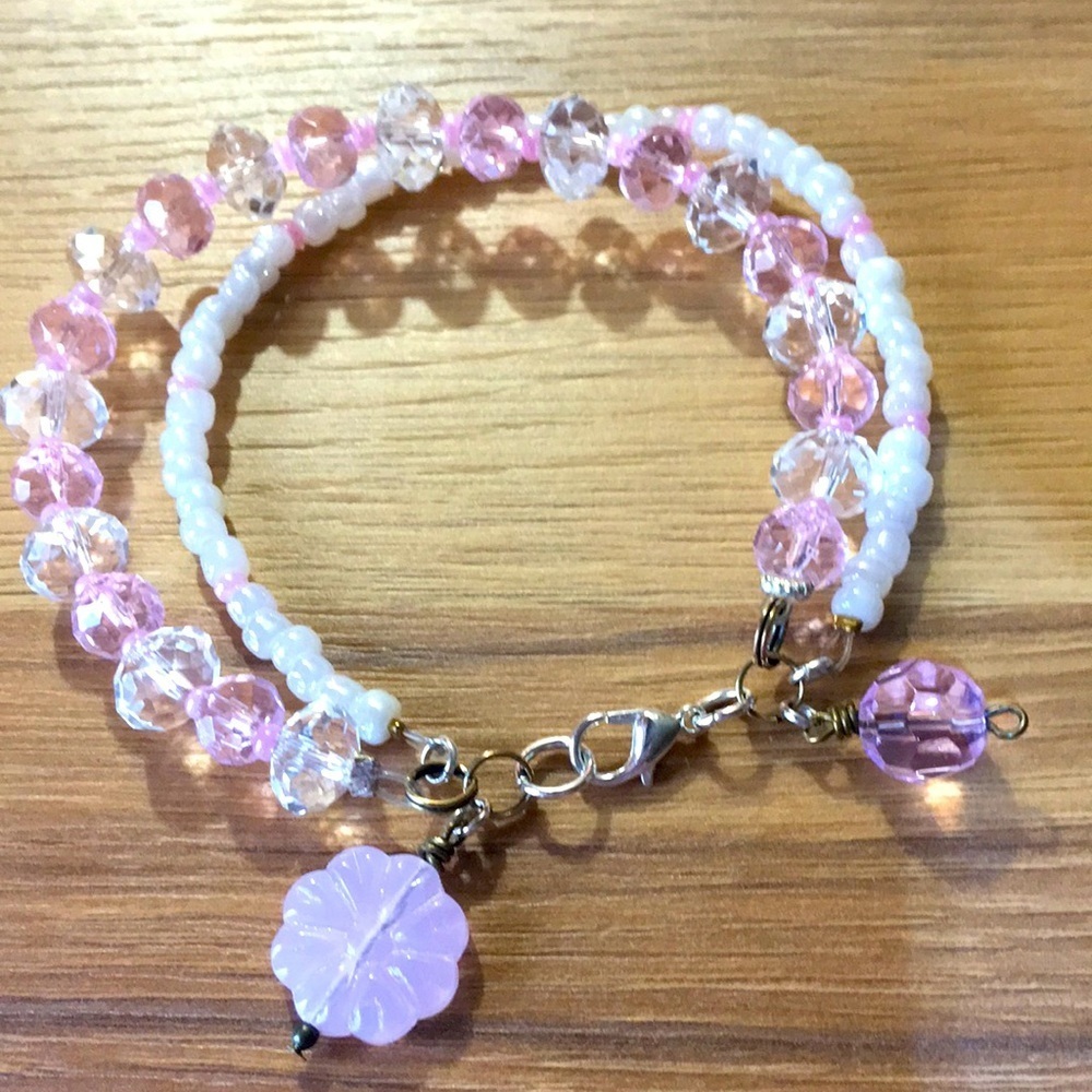 Pink and White Ladies Beaded Bracelet,  Double Strand Ladies Beaded Bracelet